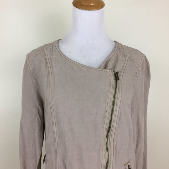 LUCKY BRAND Stone/Beige Asymmetric Zip Front Zippered Pockets Linen Blend Jacket - Picture 6 of 9